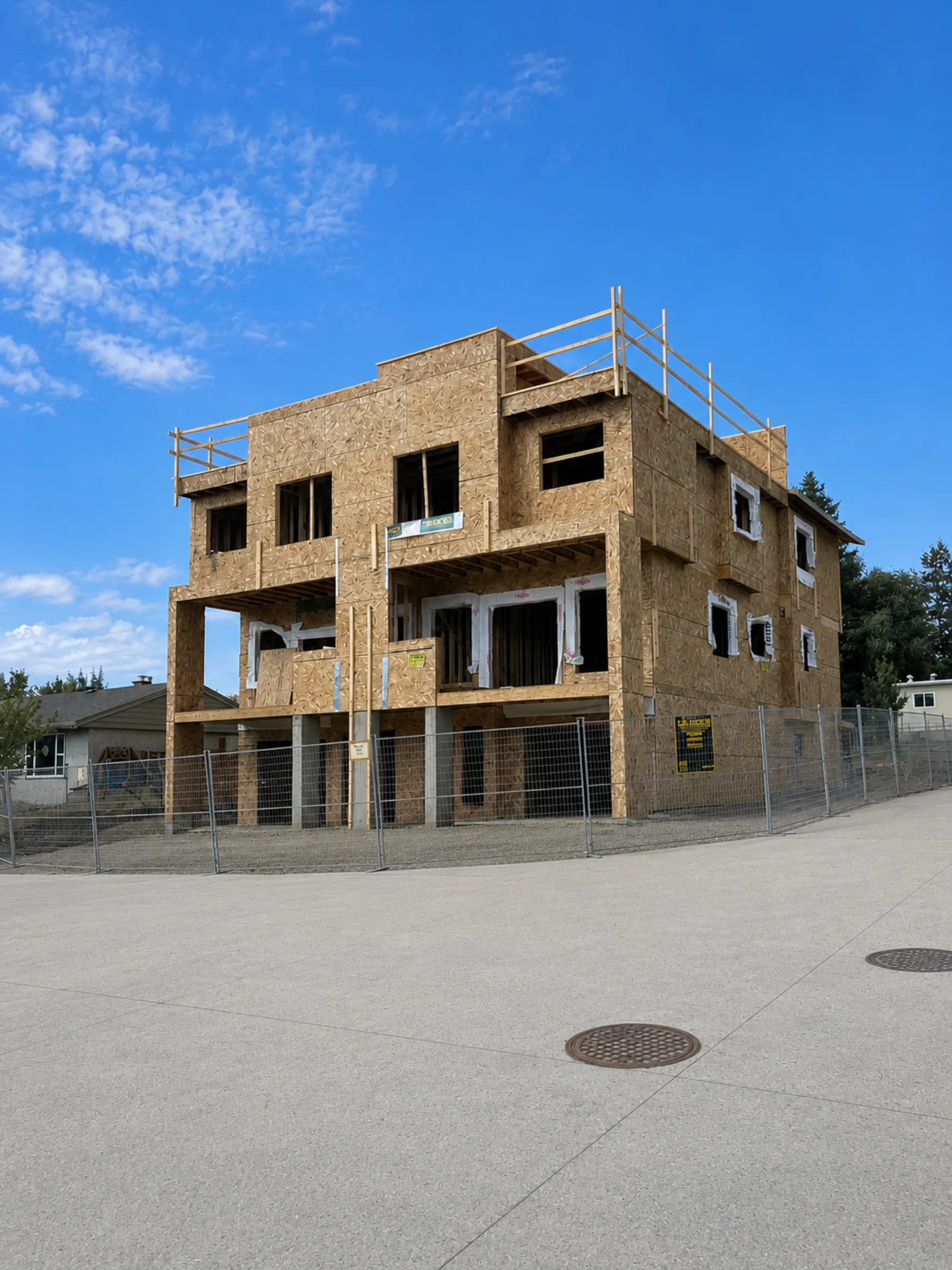 Unbridled Developments fourplex framing under construction in Vernon, British Columbia