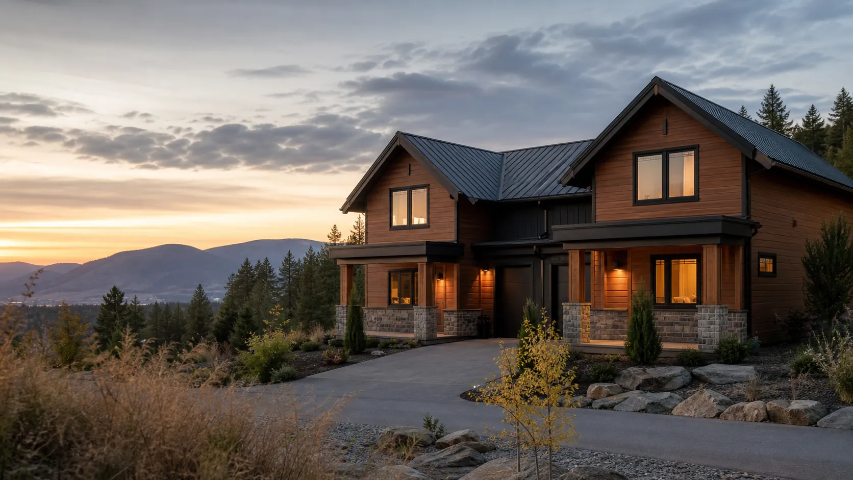 Finished contemporary duplex in the North Okanagan at sunset