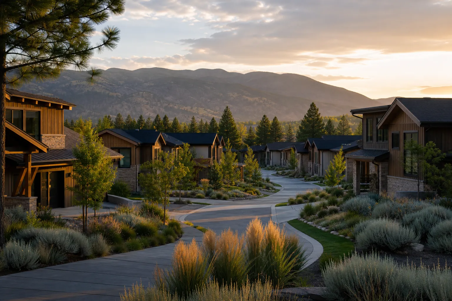 Family-oriented residential development in the North Okanagan at sunset